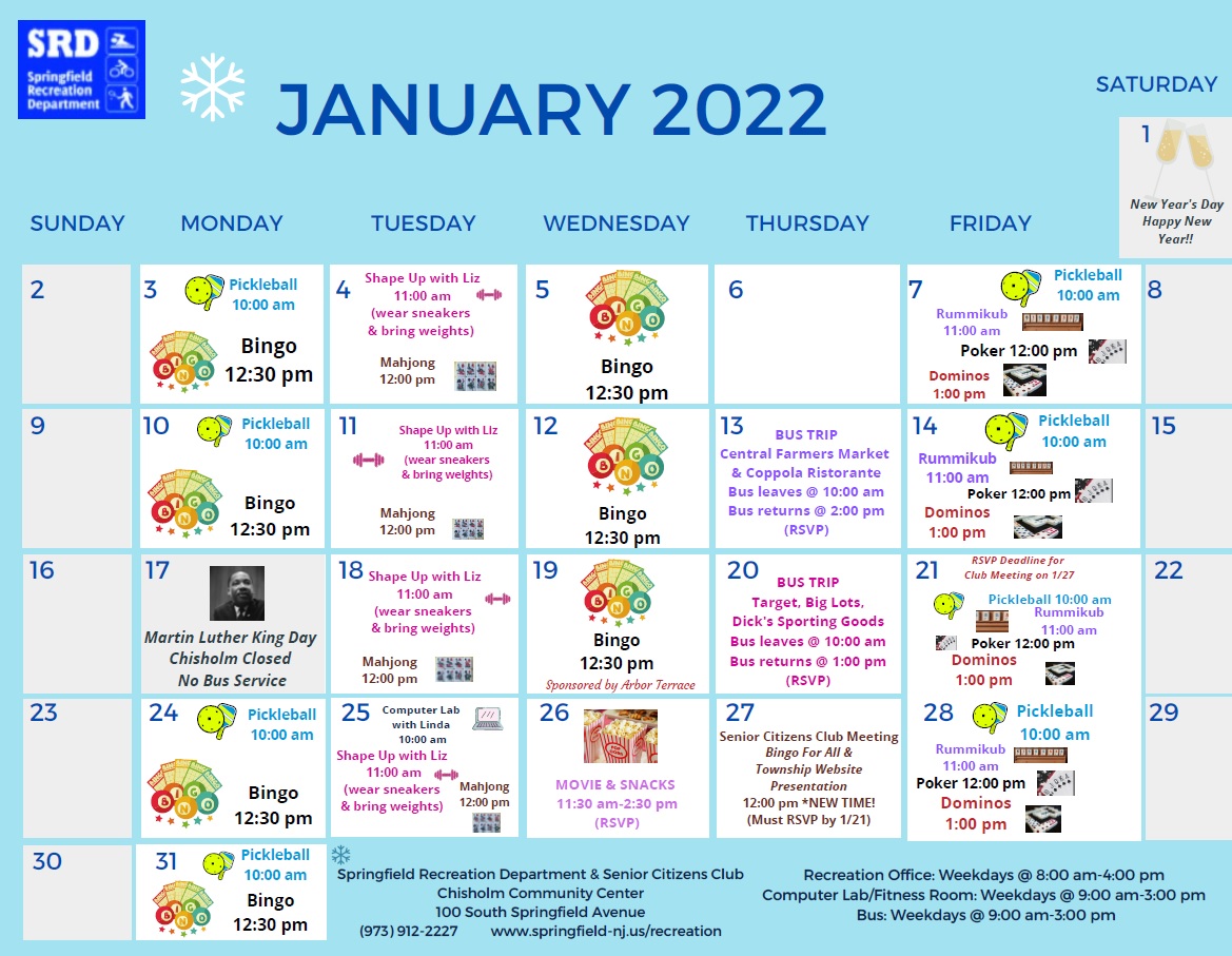 Recreation Department Announces Senior Citizens Calendar for January